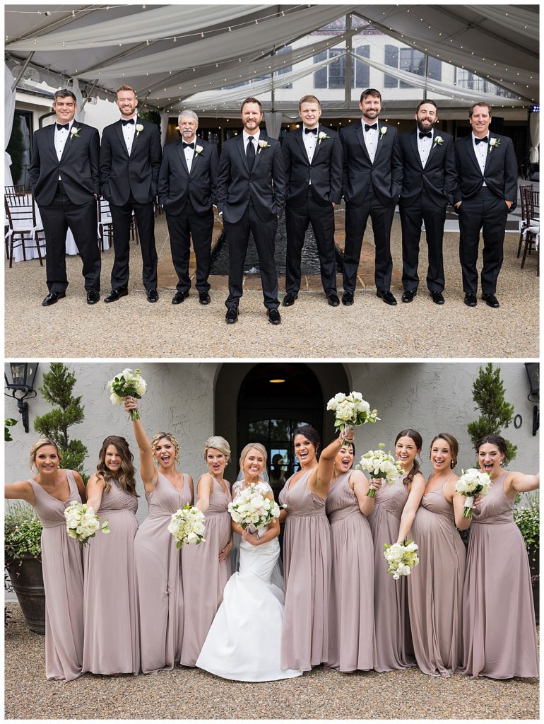groomsmen with groom and bride with bridesmaids posing for picture
