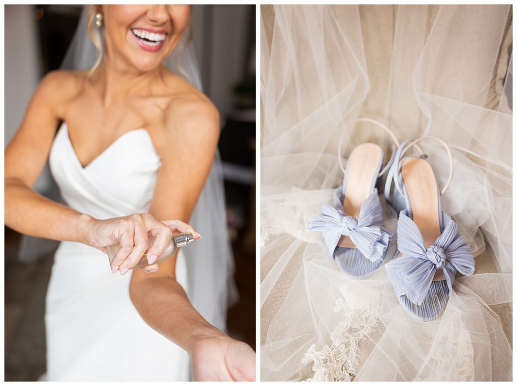 bride putting on perfume and wedding shoes