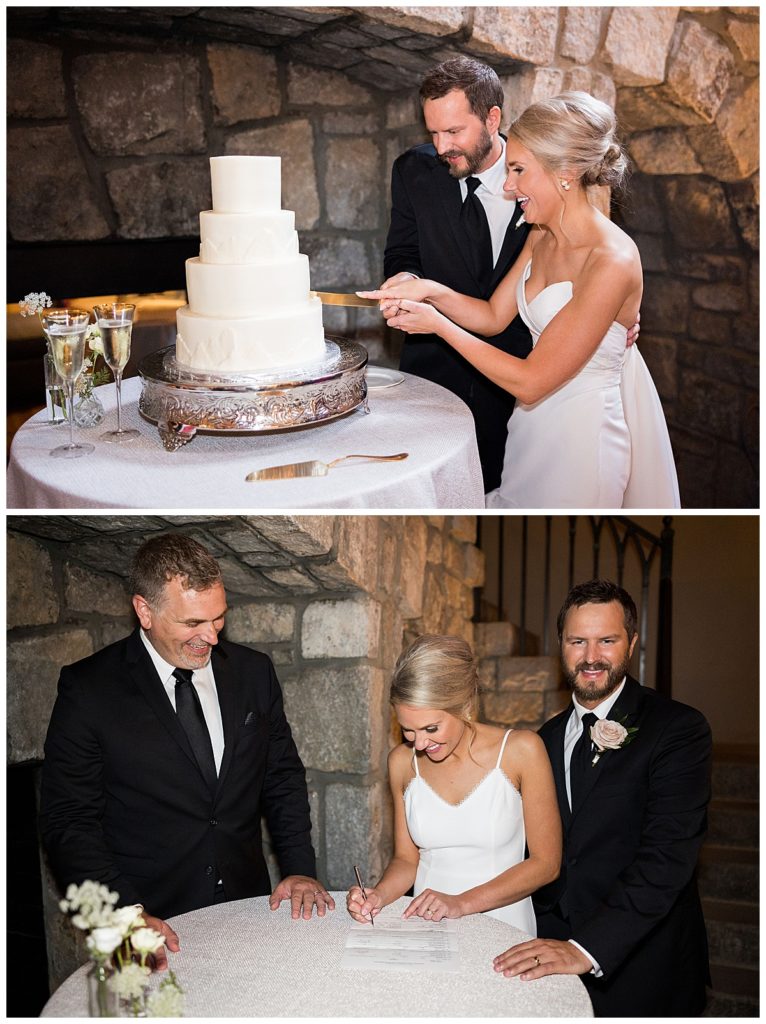 bride and groom cutting cake and signing their marriage document