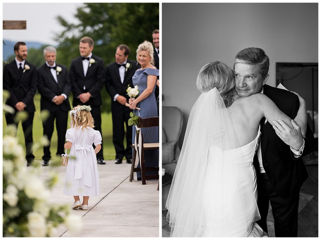 flower girl walking down aisle, bride and father having a touching moment