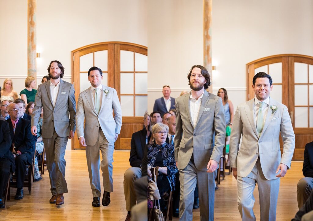 groom and best man walk down the aisle at wedding at judson mill downtown greenville, south carolina