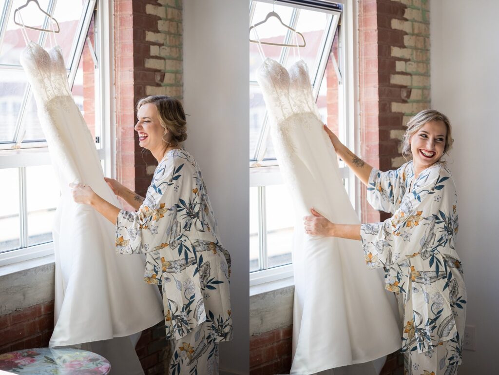 In a serene bridal suite at Judson Mill, downtown Greenville, South Carolina, the bride's gown is carefully adjusted as she prepares to step into her dream wedding dress.