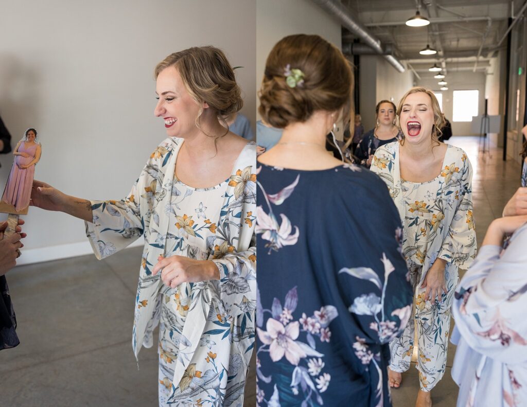 Bridesmaids gathered around the bride, all dressed in adorable matching pajamas, capturing precious moments before the wedding at Judson Mill, Greenville, SC