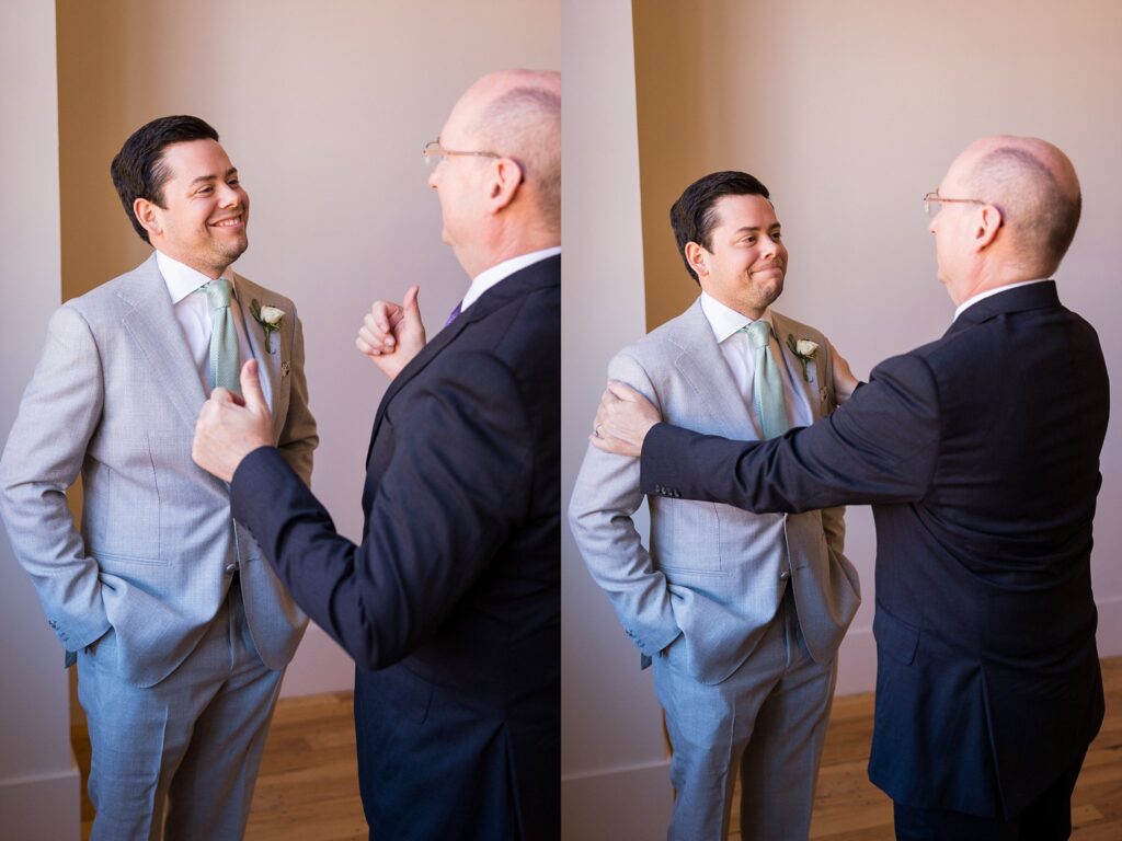 A touching embrace between the groom and his father, filled with emotions and love as they share a special moment before the wedding ceremony.