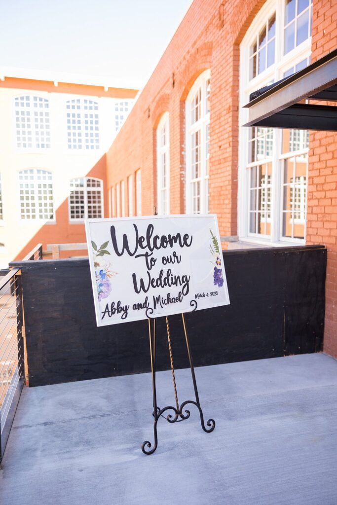 welcome to the wedding day signage at judson mill wedding greenville, sc