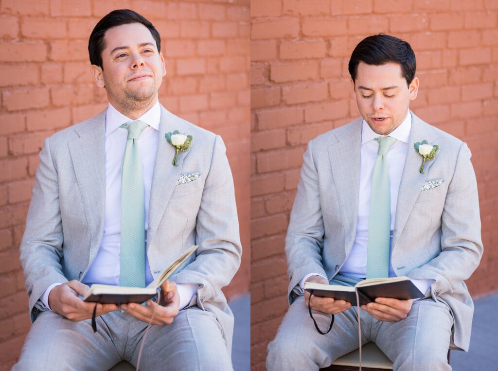 Emotional moment captured as the groom reads a heartfelt letter from his bride on their wedding day at Judson Mill, Greenville, South Carolina.
