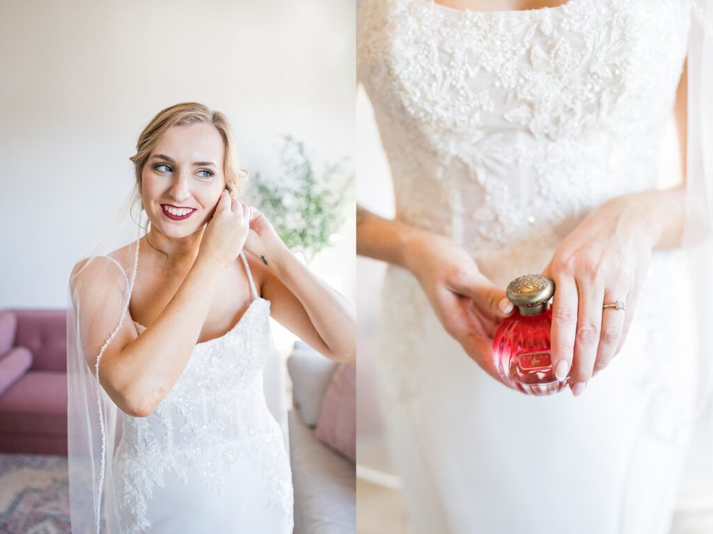 Clasping her perfume bottle delicately, the bride savors the scent that will forever remind her of this magical day at Judson Mill in downtown Greenville, South Carolina.