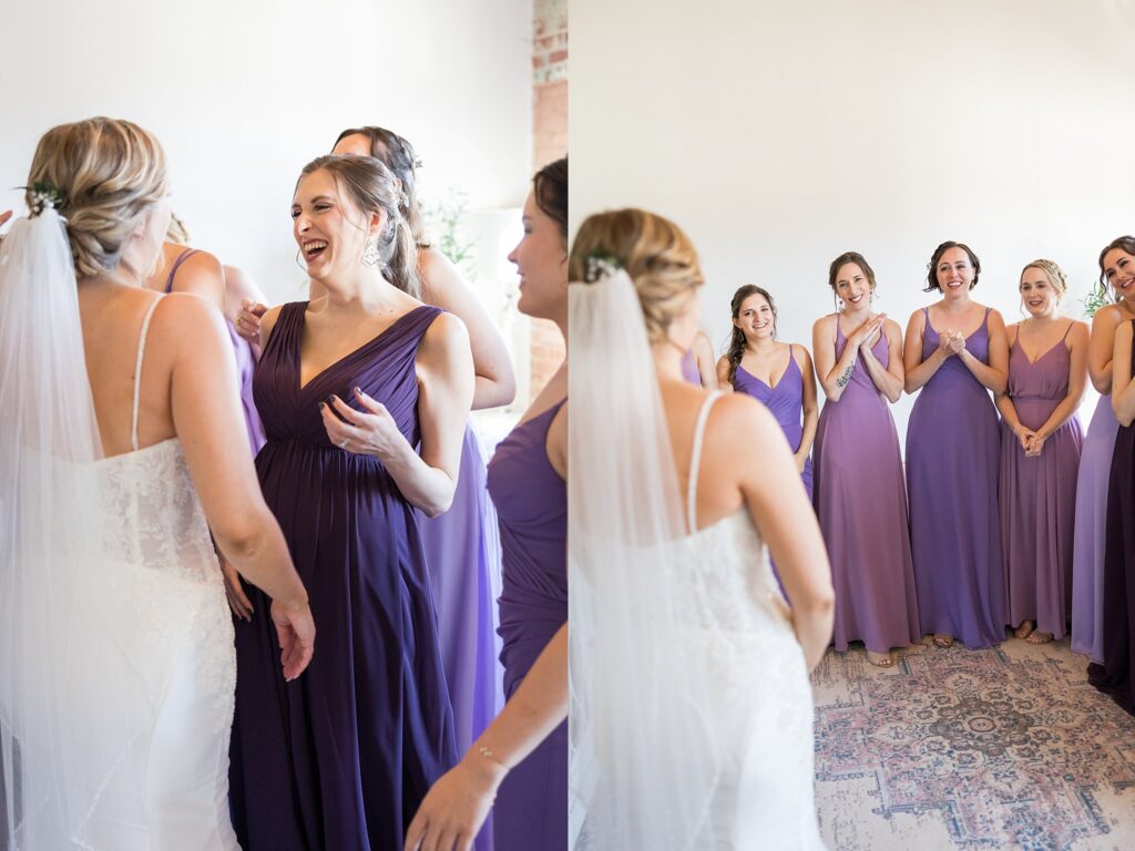 Capturing the genuine joy and anticipation on the bridesmaids' faces as they eagerly await the bride's first look at Judson Mill, downtown Greenville, South Carolina.