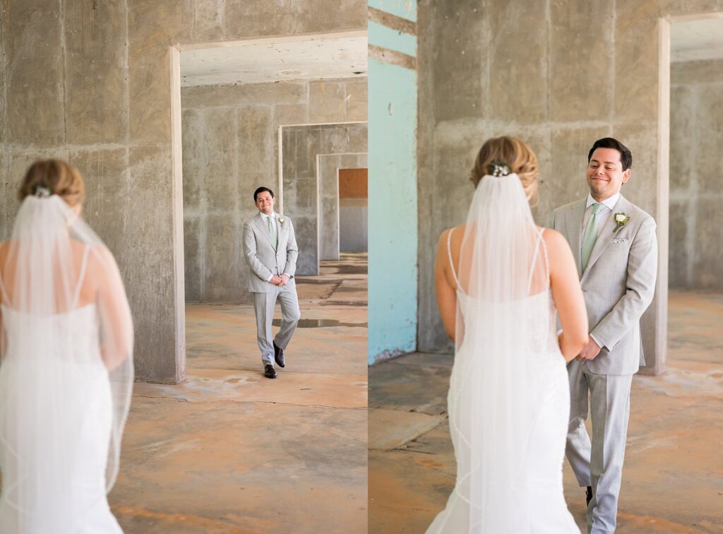 A heartwarming moment as the groom is overcome with surprise and joy during the first look at Judson Mill in downtown Greenville, South Carolina. His anticipation builds as he turns towards his beautiful bride for the first time on their special day, capturing the pure emotion and love that fills the air.