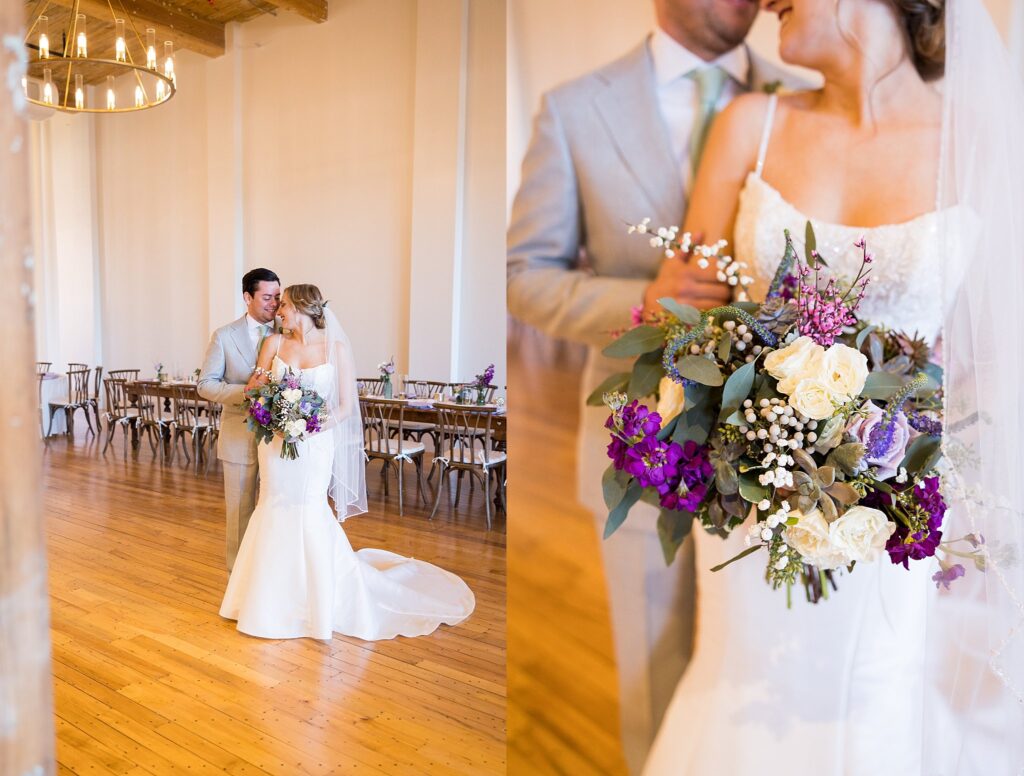 Stunning bride and groom captured in their element, radiating joy and love amidst the charming ambiance of Judson Mill in Greenville, South Carolina.