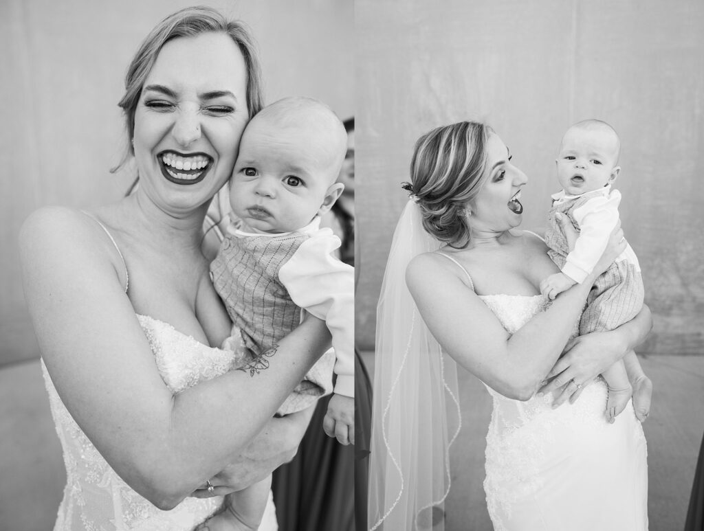 Adorable baby steals the spotlight as the bride cradles a cute little one amidst the bridesmaids' joy and excitement.