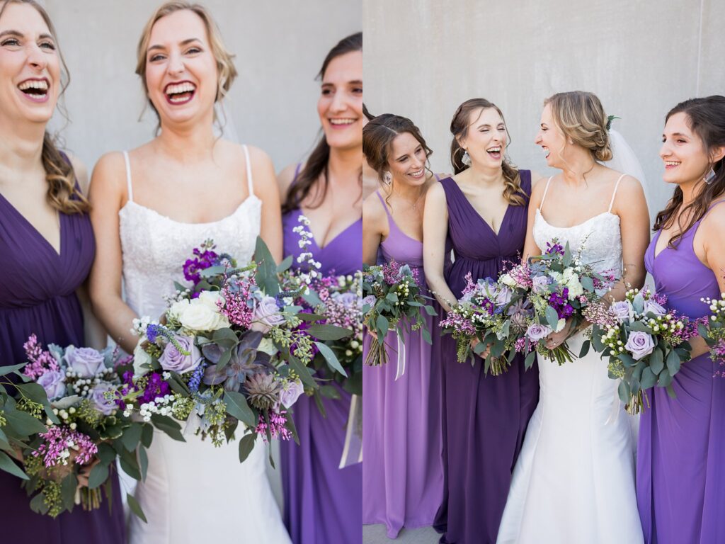 The bride and her bridesmaids showcasing their individual personalities, adding to the vibrant atmosphere of their Judson Mill wedding.