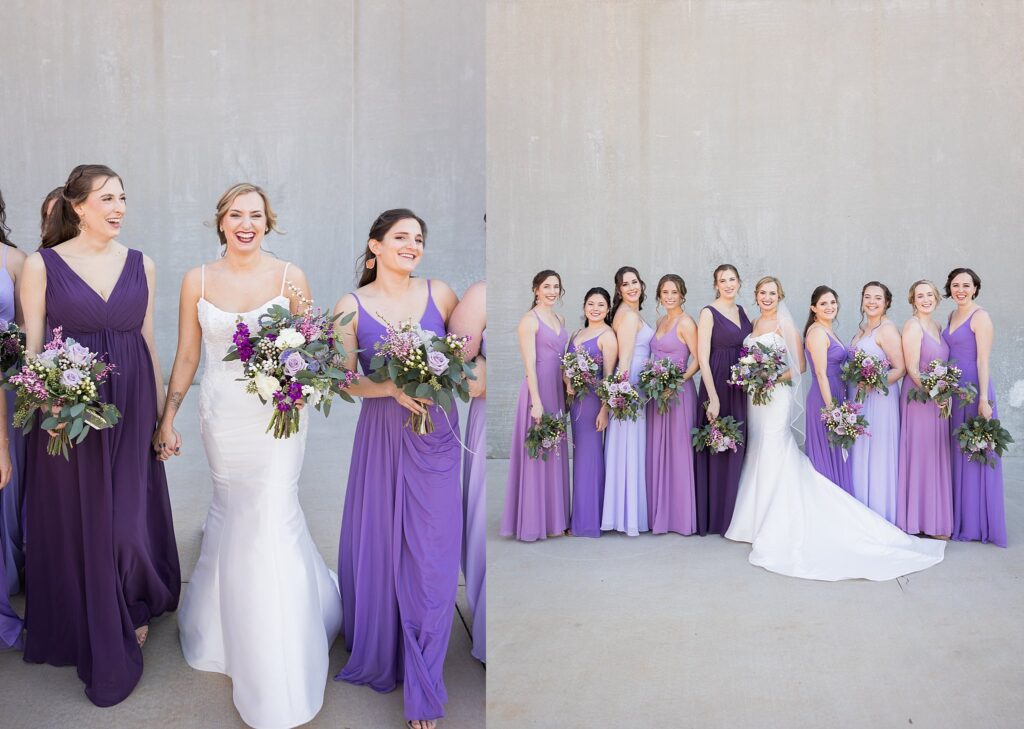 Stunning bridal party posing gracefully at Judson Mill wedding, showcasing the picturesque backdrop of downtown Greenville.