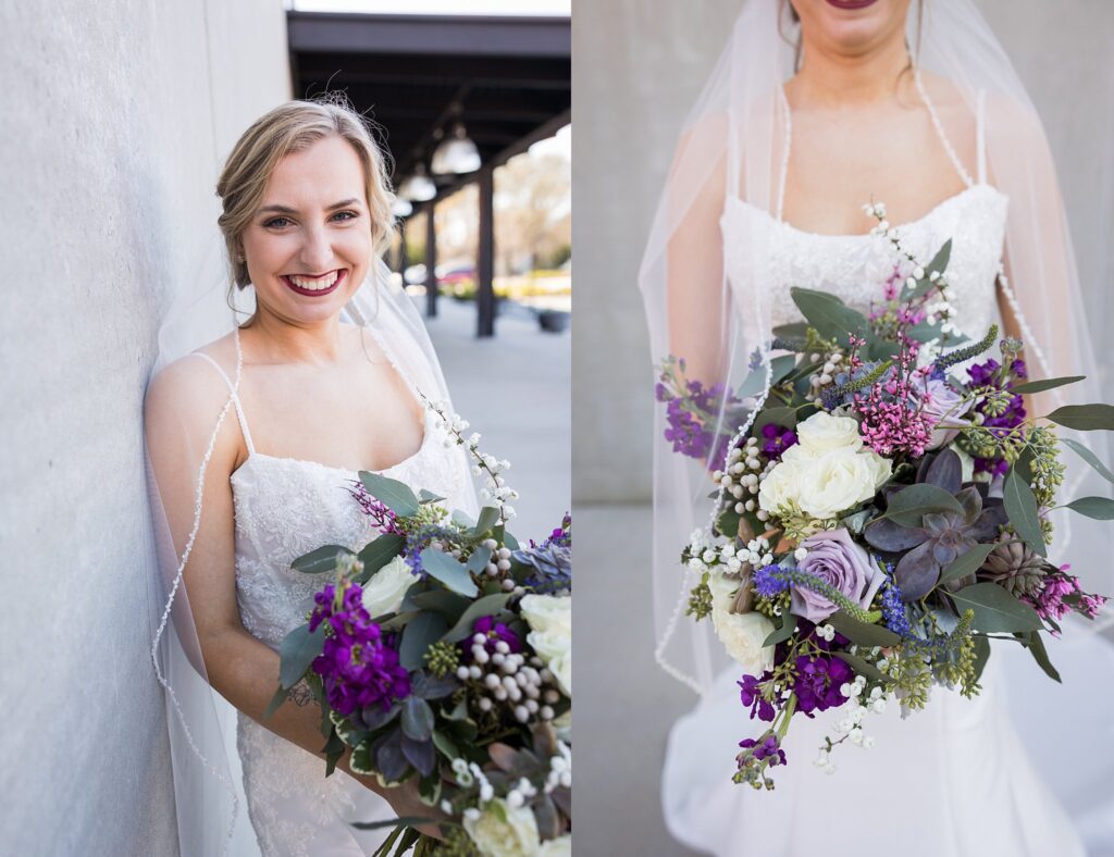Stunning bride enchants all with her bridal bouquet, embracing the romance and splendor of Judson Mill's urban oasis in downtown Greenville, South Carolina.