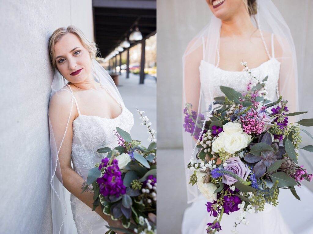 Breathtaking bride blooms with happiness, her bridal bouquet serving as a symbol of beauty and love at the captivating Judson Mill in downtown Greenville, South Carolina.