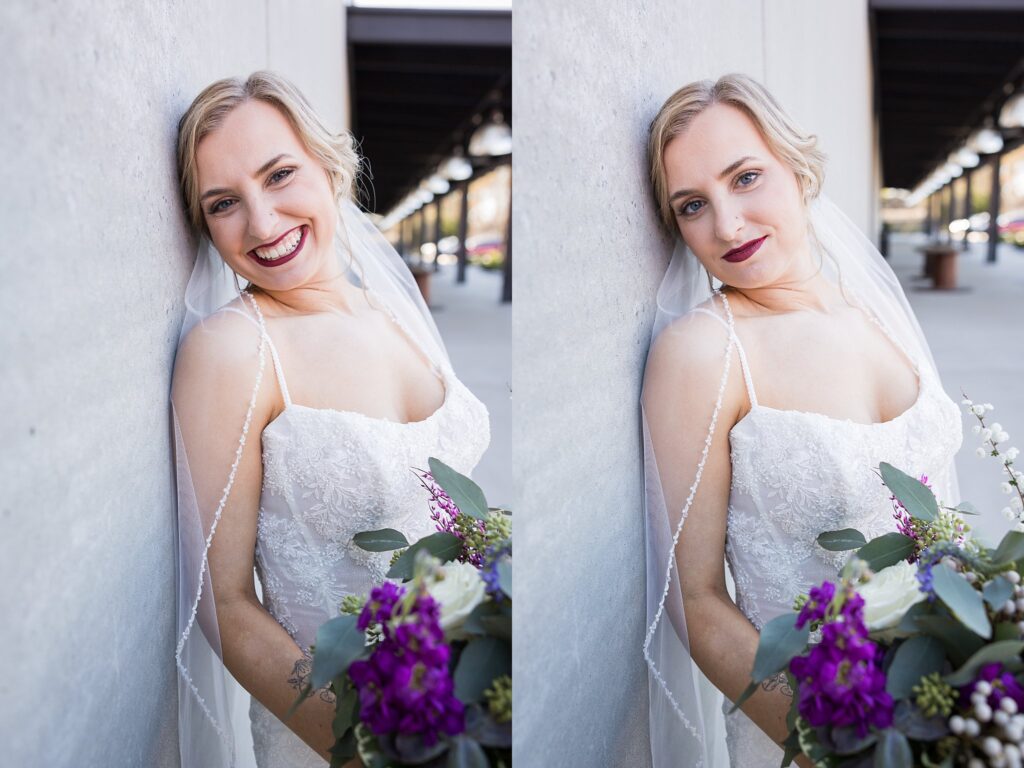 Radiant bride embraces the allure of her bridal bouquet, as she shines with grace and poise against the industrial chic ambiance of Judson Mill in downtown Greenville, South Carolina.
