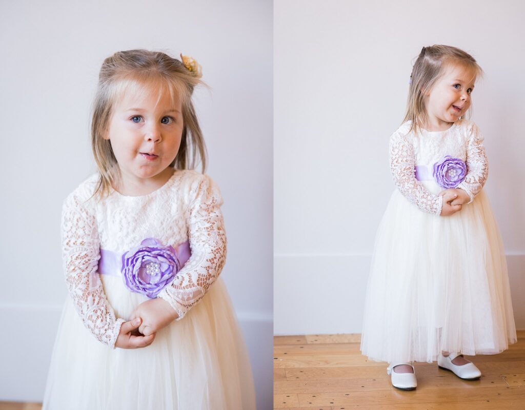 portraits cute little girl at wedding at judson mill downtown greenville, south carolina
