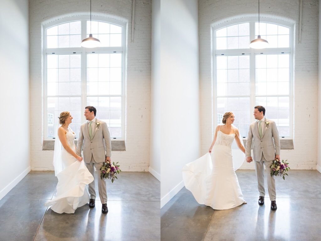 This mesmerizing wedding portrait showcases the couple's radiant love and joy, with an ethereal brightness that perfectly complements the charm of Judson Mill.