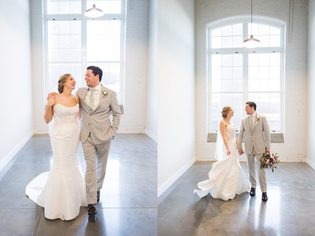 A picture-perfect wedding portrait filled with love, laughter, and happiness, illuminated by the beautiful, bright, and airy atmosphere of Judson Mill in downtown Greenville, South Carolina.