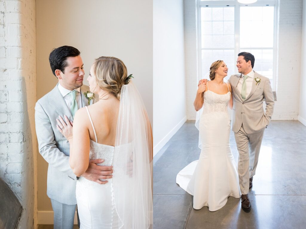 This heartwarming wedding portrait exudes a magical atmosphere, with the couple's radiant love and joy beautifully complemented by the bright and airy ambiance of Judson Mill.
