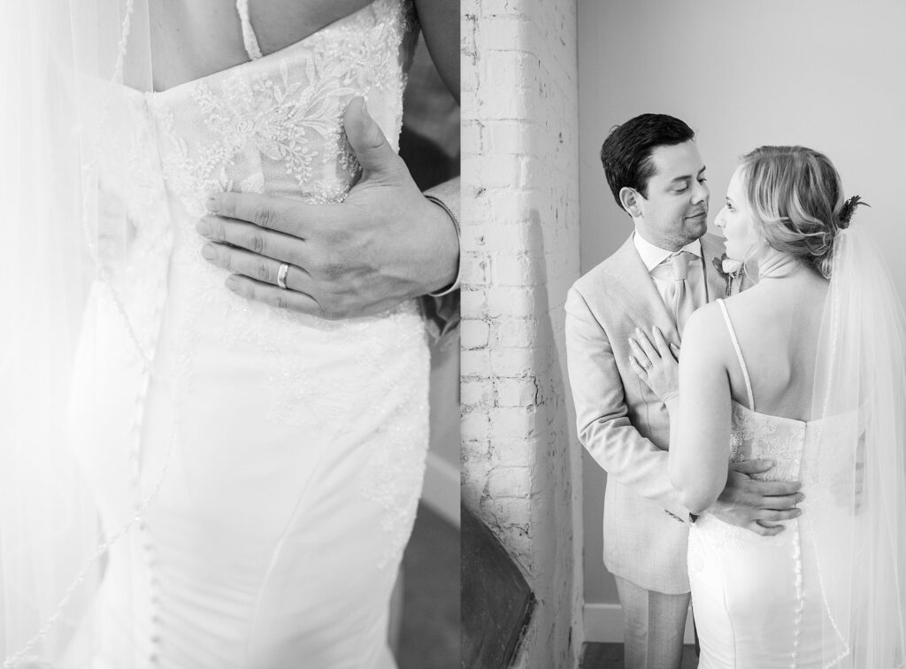 A mesmerizing wedding portrait capturing the couple's genuine love and happiness, bathed in soft, natural light against the charming backdrop of Judson Mill.