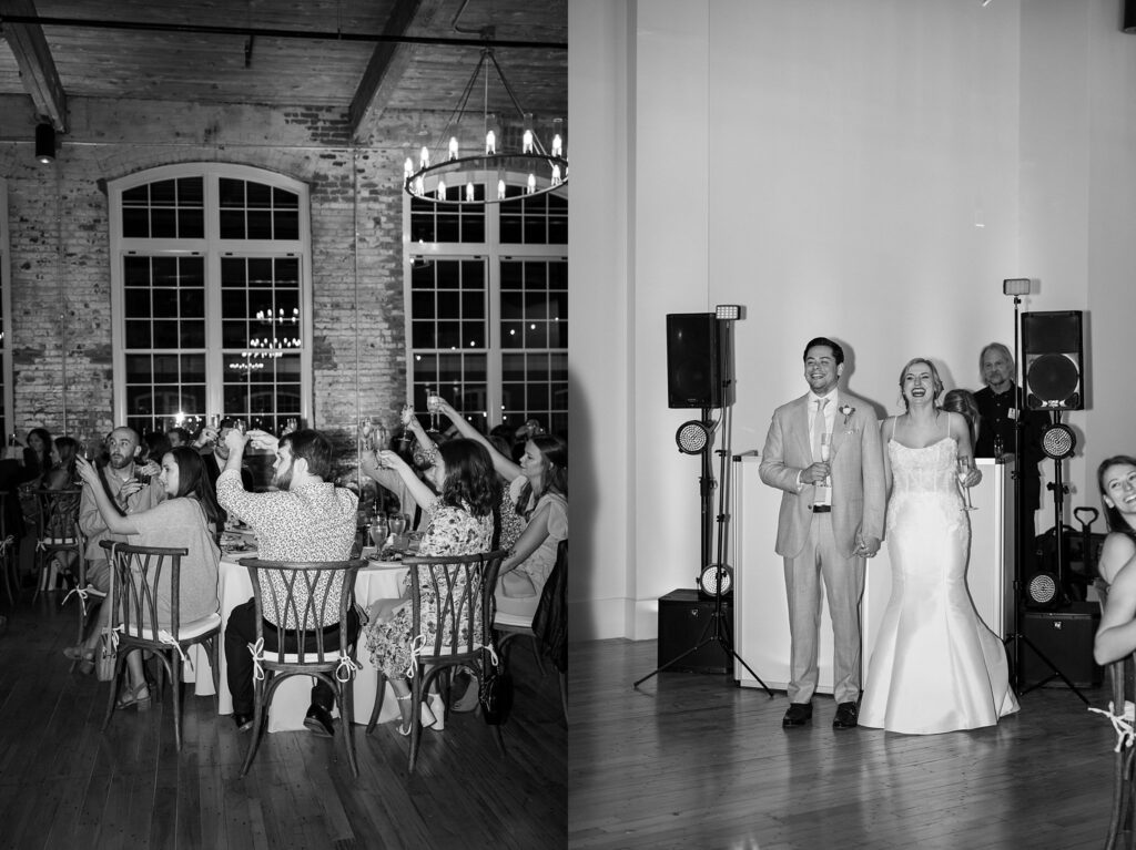 bride and grooms reaction to toast at wedding reception