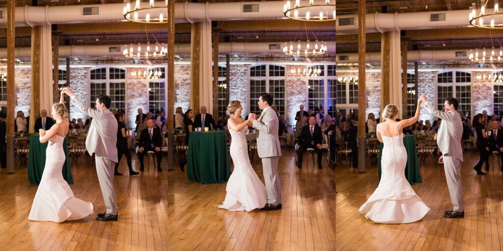 Captured in a romantic embrace, the bride and groom gracefully move to the music, their first dance at their Greenville wedding epitomizing elegance and love.