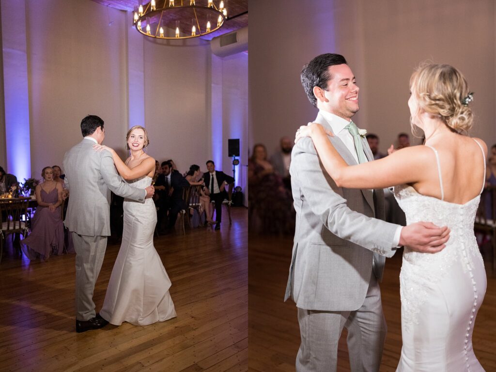 In a beautifully choreographed dance, the bride and groom's eyes meet, conveying their deep connection as they begin their journey together at Judson Mill.