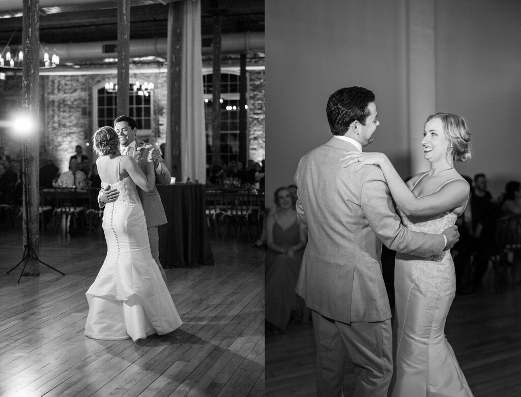 Embracing the rhythm of their hearts, the bride and groom share a tender moment during their first dance, their smiles radiating pure joy at their Greenville wedding.