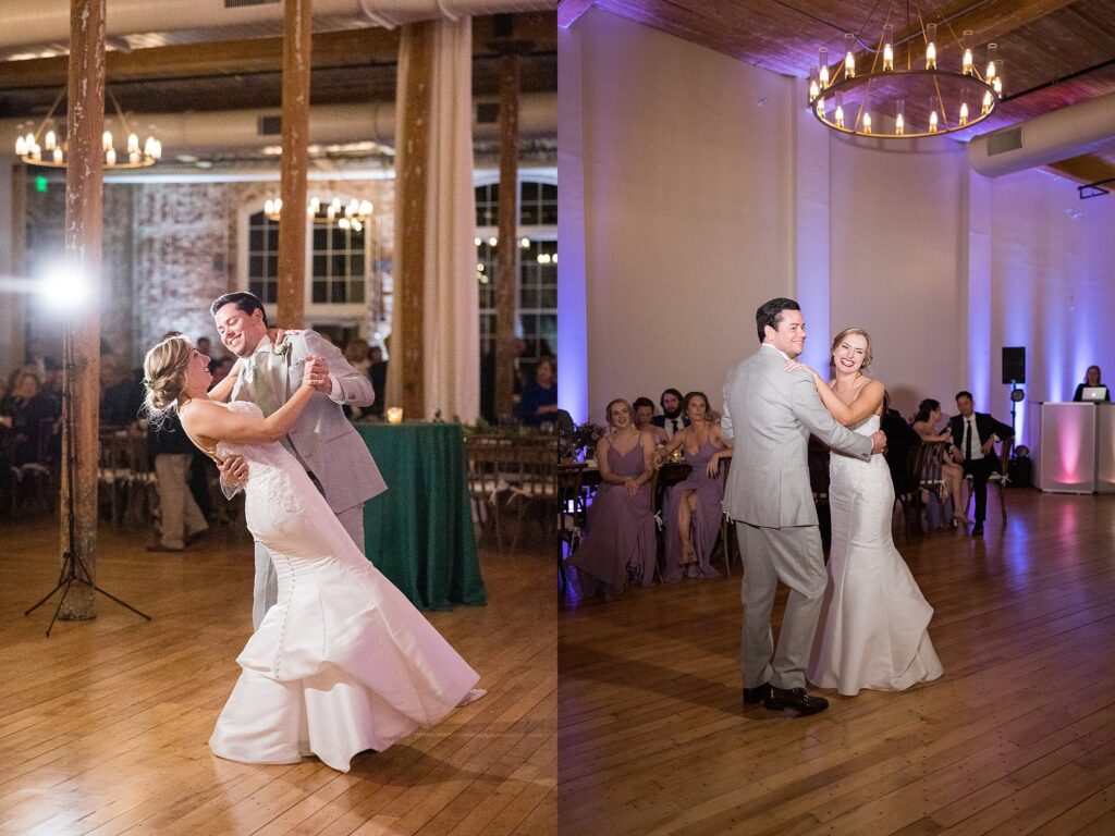 The newlywed couple gracefully twirls on the dance floor, lost in each other's love and the magical ambiance of their first dance at Judson Mill.