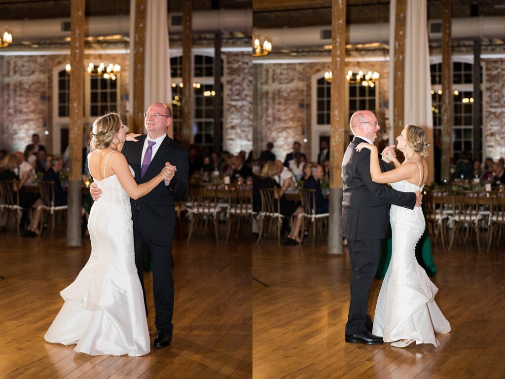 The bride and her father sharing a tender moment on the dance floor, surrounded by the rustic beauty of Judson Mill in downtown Greenville.