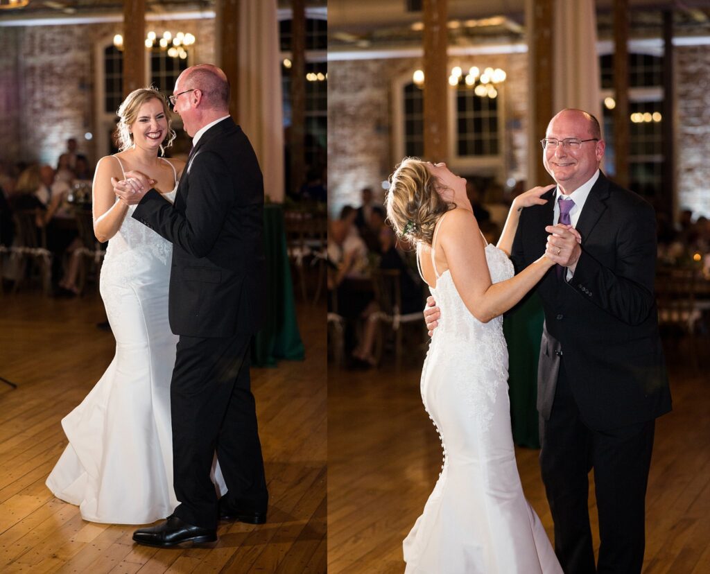 Capturing the bride and her father in perfect harmony during their heartfelt first dance at the enchanting Judson Mill wedding reception.