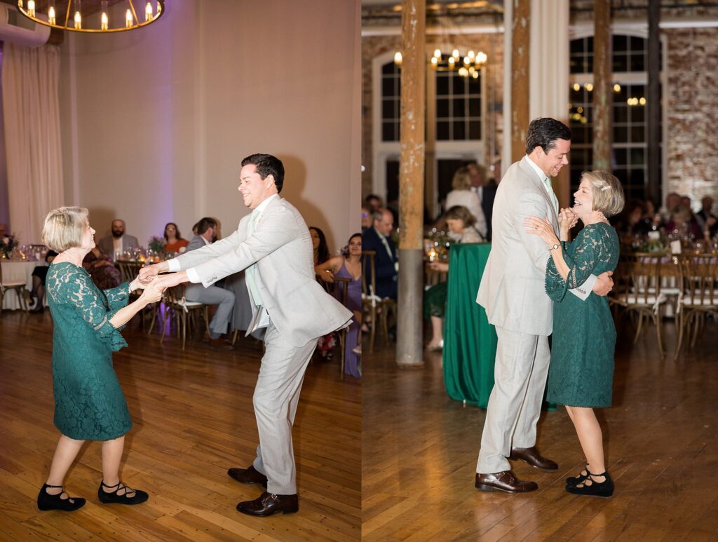 In this heartfelt image, the groom and his mother share a joyous dance, creating a beautiful memory at the reception in downtown Greenville's Judson Mill.