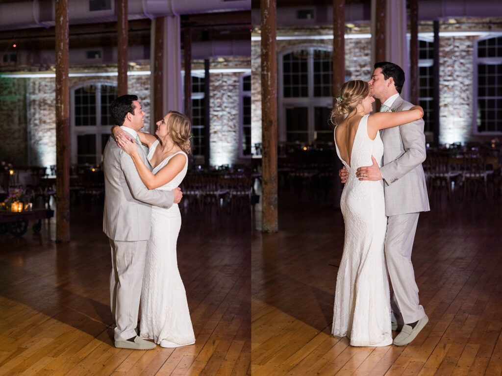 Newlyweds sharing a tender moment during their last dance at Judson Mill wedding