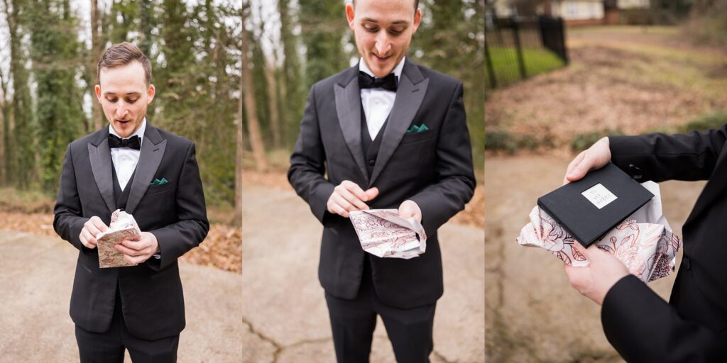 Lace + Honey's photograph showcasing the groom's emotional reaction as he opens a special gift, capturing the depth of his emotions