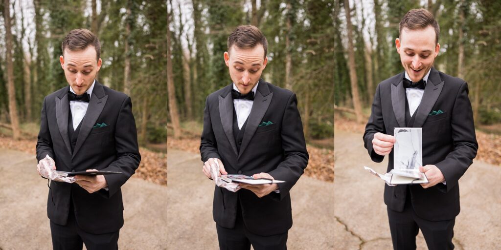 Intimate moment of the groom getting ready, reading a heartfelt letter filled with love and anticipation, beautifully captured by Lace + Honey