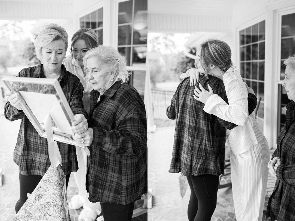 Lace + Honey's image of the emotional exchange between the bride, her mom, and grandma as they receive a heartfelt gift, filled with love and tears