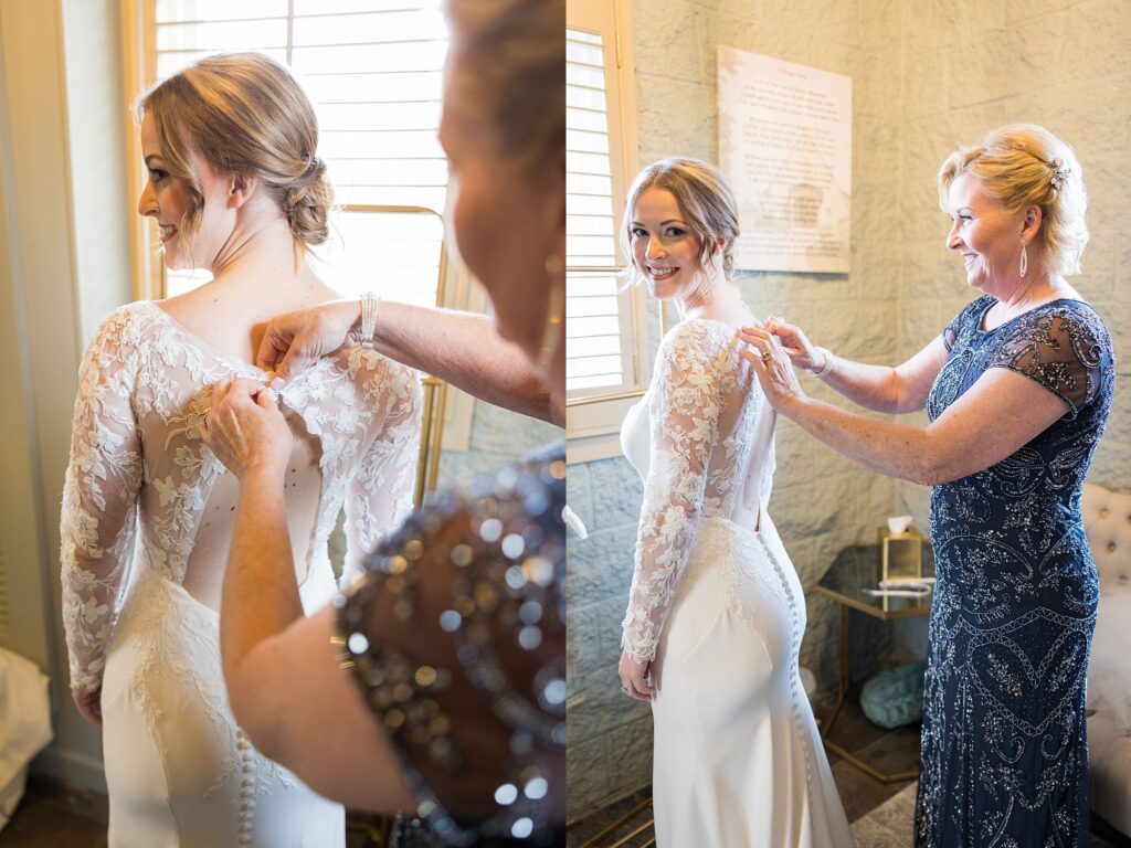 Bride's mother tenderly helping her daughter with the intricate details of her veil, creating a cherished and emotional moment, beautifully shot by Lace + Honey