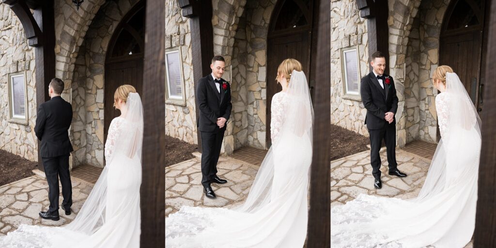 Lace + Honey's image showcases the deep emotional connection between the bride and groom, with the groom moved to tears during their first look