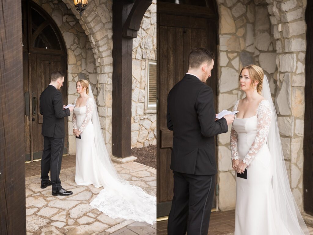 Newlyweds' heartfelt first look and letter reading at the Cliffs at Glassy Chapel, photographed by Lace + Honey.