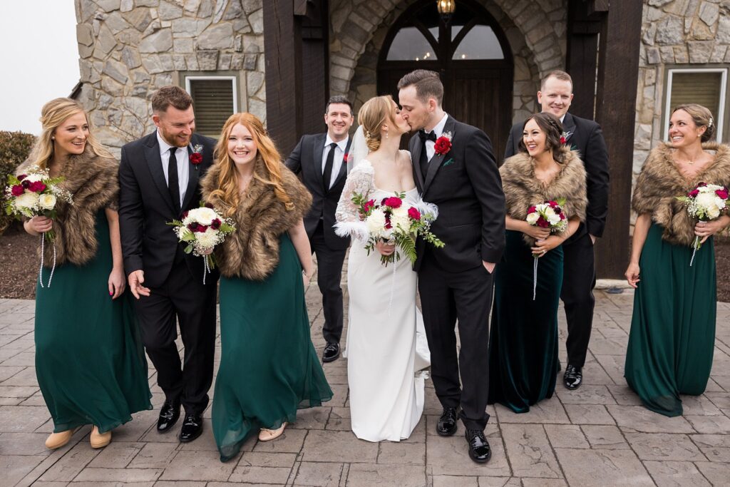 Image of the full bridal party coming together, shot by Lace + Honey