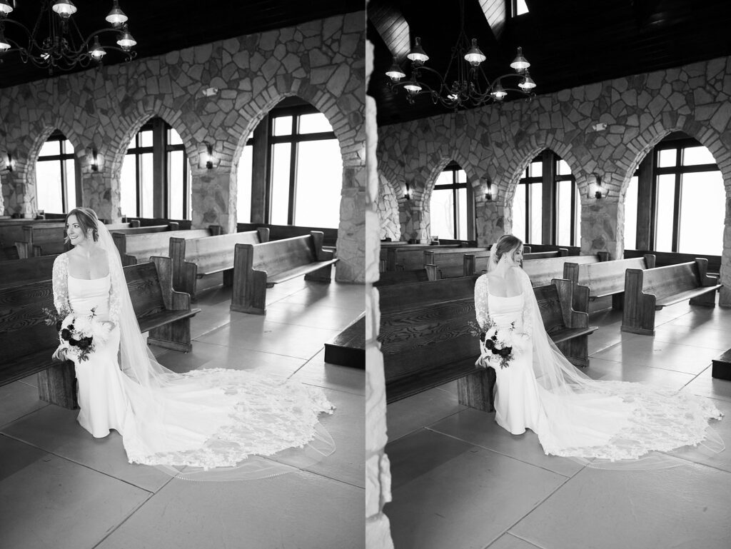 Lace + Honey's image of the radiant bride in the gorgeous interior of Glassy Chapel.