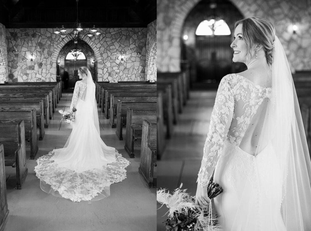 Image of bride overlooking the mountain from Glassy Chapel by Lace + Honey.