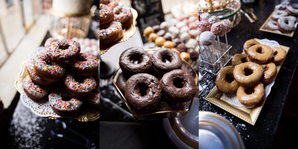 Detailed view of wedding donut tables, beautifully shot by Lace + Honey