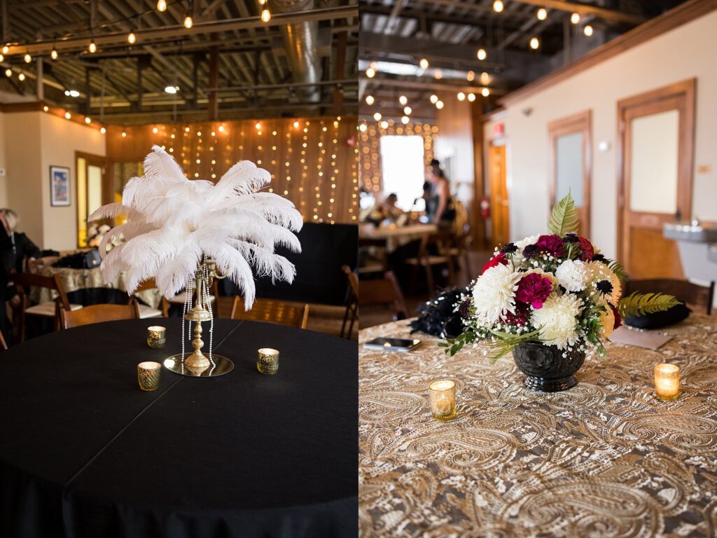 Image of intricate wedding details, including guest book and flowers, shot by Lace + Honey.