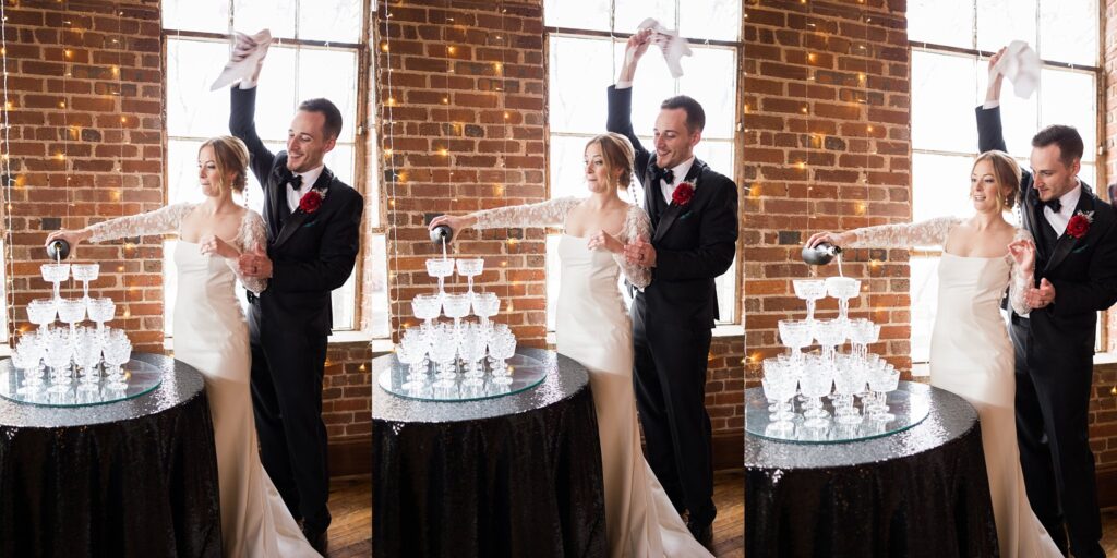 Image of the champagne tower pour by bride and groom at Upper Room by Lace + Honey