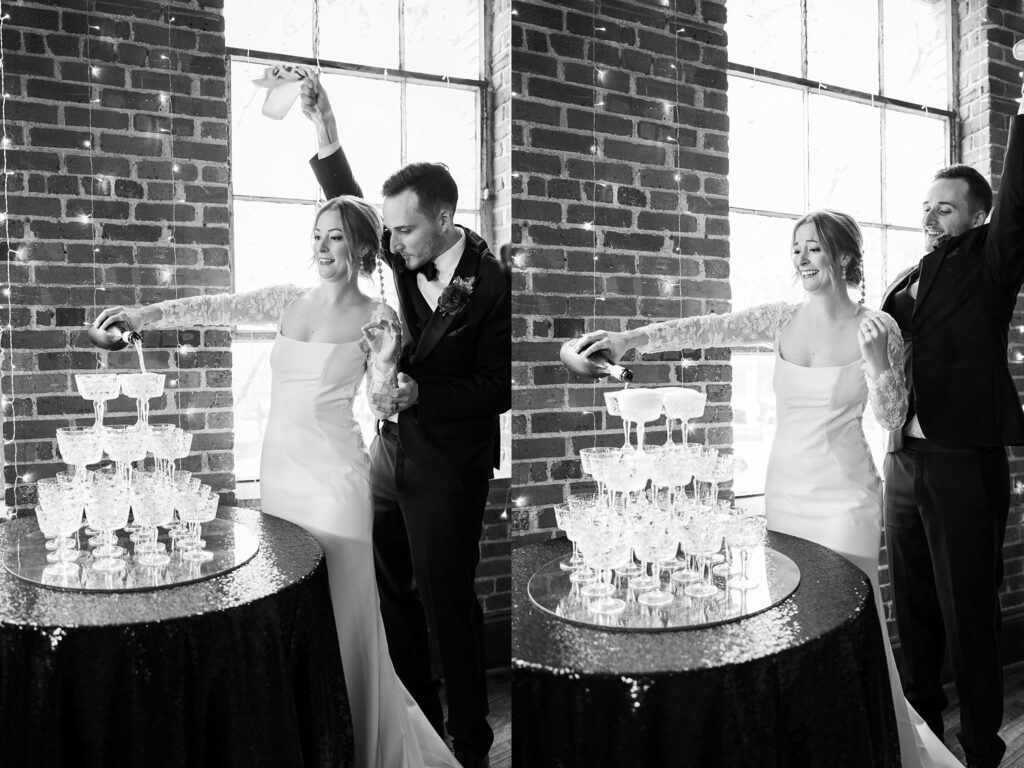 Lace + Honey's photo of newlyweds creating a champagne cascade at Upper Room, Greenville.