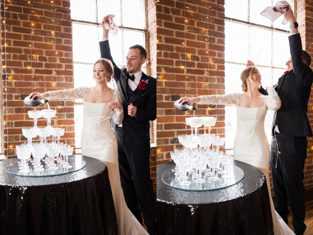 Bride and groom pouring a champagne tower at Upper Room, captured by Lace + Honey.