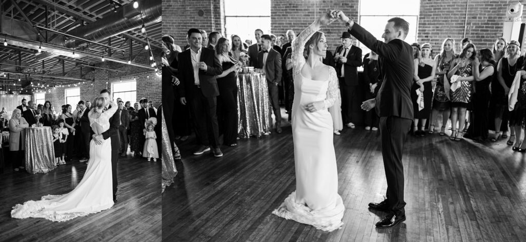 Image of the bride and groom's tender first dance at Upper Room by Lace + Honey.
