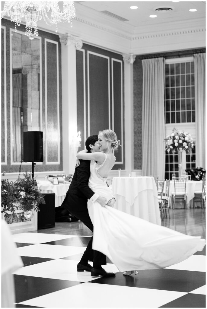 Joyful moments during first dance at reception